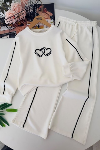 Minigimin Cicileri Two Hearts Şerit Detaylı Kız Çocuk Eşofman Takımı - Beyaz