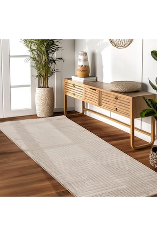 Kabartmalı Yumuşak Geometrik Desenli İskandinav Bohem Tarzı Halı Bej Tonlarında Bej
