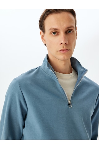 Koton Uzun Kollu Pamuklu İnterlok Kumaş Yarım Fermuarlı Sweatshirt Mavi 5sam70002mk Mavi