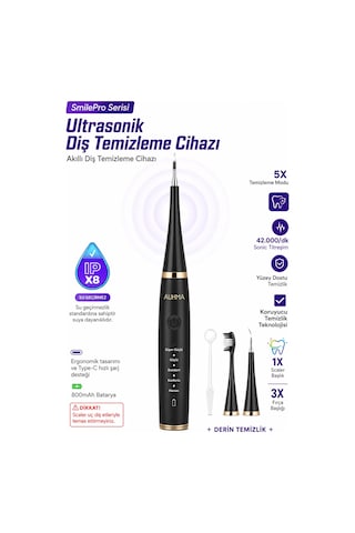Exenar - Siyah - Diş Taşı Temizleme Cihazı Şarjlı Diş Fırçası Sonik Ultrasonik Akıllı Diş Taşı Temizleyici 5 Mod Ipx8