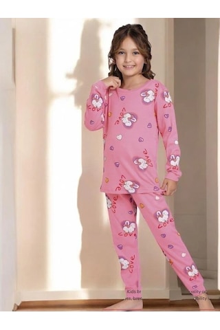 Kız Çocuk Pamuklu Tavşan Desenli Pijama Takımı-14919 Pembe