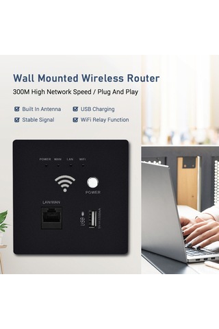 Geeksen Duvar Montajlı 300m Wifi Ap Router, Usb Şarj Portlu, Siyah, Kablosuz Erişim Noktası, Güçlü Performans
