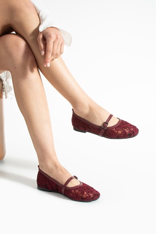 Dabab Shoes Merına Kadın Bordo Düz Babet Dantel Dokuma Çiçek Desenli Tokalı Düz Ayakkabı