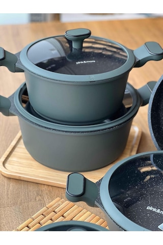 Maya Döküm Tencere Seti Haki Yeşil 9 Parça Haki