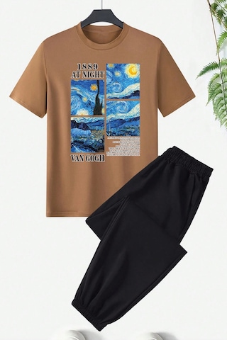 Unisex Van Gogh Baskılı Eşofman Takımı Siyah