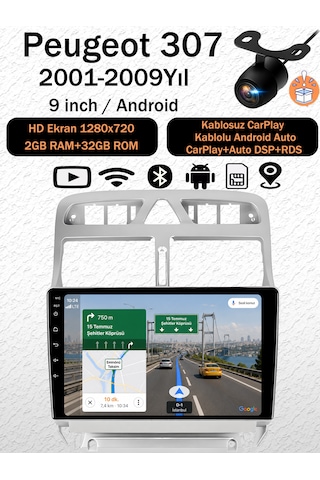 Peugeot 307 2001-2009 Android 14 Navigasyon Multimedya Tesla Ekran Android Teyp Double Teyp 2gb Ram 32gb Hafıza Kablosuz Carplay Android Auto 9"