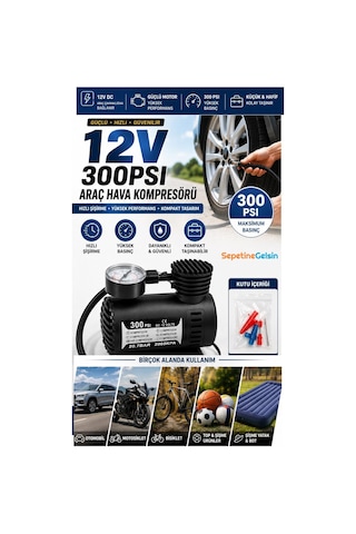 Sepetinegelsin Taşınabilir Oto Hava Kompresörü Çakmaklık İle Çalışır 12v 300 Psi