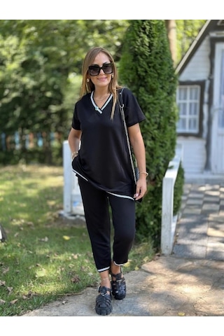 The İstanbul Kadın Kısa Kollu V Yakalı Iki Iplik Bluz Ve Pantolon Ikili Takım Siyah