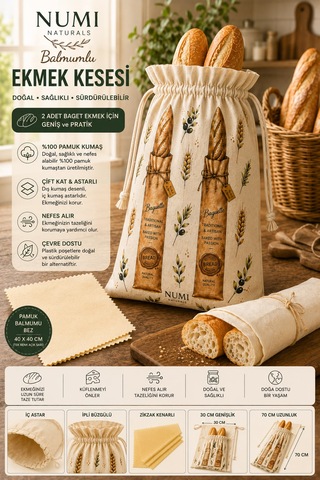 Premium Baget Ekmek Saklama Seti - 1 Pamuklu Çift Kat Astarlı Kese 30x70 + 2 Balmumu Bez 40x40 Çok Renkli