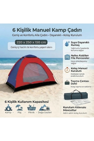 6 Kişilik Manuel Kurulum Kamp Çadırı Aile, Doğa, Piknik Ve Outdoor Kamp Çadırı 220x250x150 Cm 546 Çok Renkli