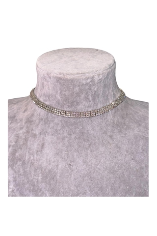 Kırmızı Sanat Evi Full Taşlı Üç Sıra Parlak Choker Kolye ve Küpe Seti Gümüş