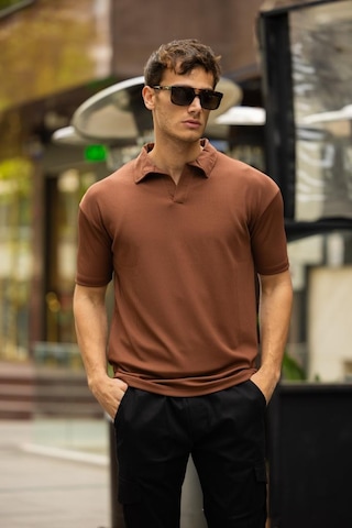Glasses V Yaka Oversize Fitilli T-shirt - Kahve Kahve