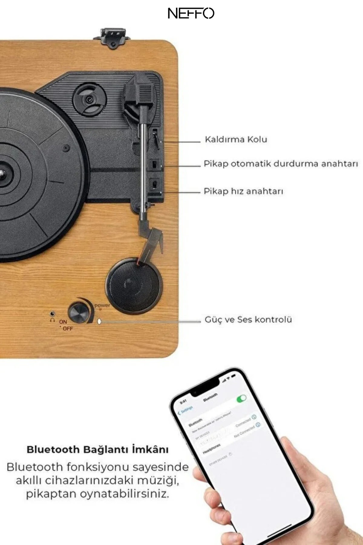 Şarj Bluetooth Aux Iğne Dahil Hoparlörlü Pikap Plak Çalar Ahşap 1 Adet