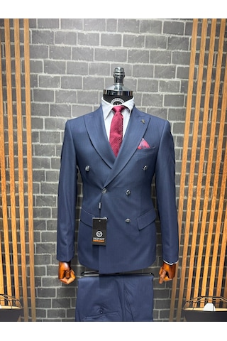 Dupont Classics Dupont Erkek Slim Fit 6 Drop Çizgili Kruvaze Viskon Çift Yırtmaç Takım Elbise Lacivert