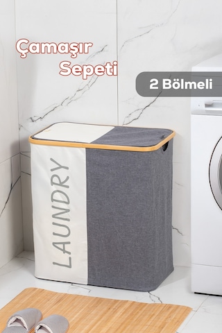 Porsima Mio-103 Bambu 2 Bölmeli Banyo Kirli Çamaşır Sepeti Banyo Düzenleyici Sepet 59x53,5 Cm Renkli