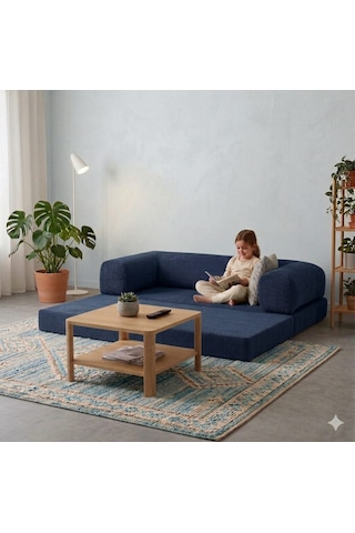 Herev 160x80 Sünger Koltuk İki Kişilik Kanepe Yataklı Yıkanabilir Kadife Kumaşlı Lacivert