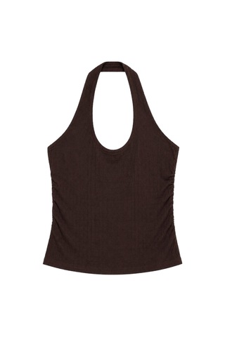Vadon 1010 Kadın Bürümcük Dokulu Halter Yaka Crop Atlet Bol Paça Pantolon Takım Kahverengi