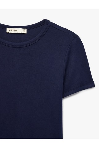 Koton Viskon Kumaş Ribanalı Slim Fit Kısa Kollu Bisiklet Yaka Basic Tişört Lacivert 7wak50010ek