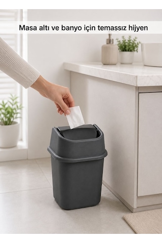 Antrasit Çöp Yut Çöp Kovası 6 L - Sallanır Kapaklı Ofis Çalışma Masası Altı Ve Banyo Çöp Kutusu