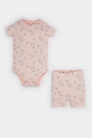 DeFacto Kız Bebek 2'li Takım Desenli Fitilli Kaşkorse Kısa Kollu Çıtçıtlı Body Beli Lastikli Şort E8240A525SMPN300 Pembe