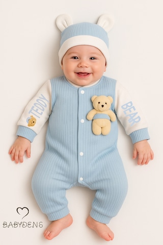 Babyden's Teddy Bear Temalı Yenidoğan Fitilli Tulum Takımı Ayıcıklı Erkek Bebek Tulum Şapka Set %100pamuk Mavi