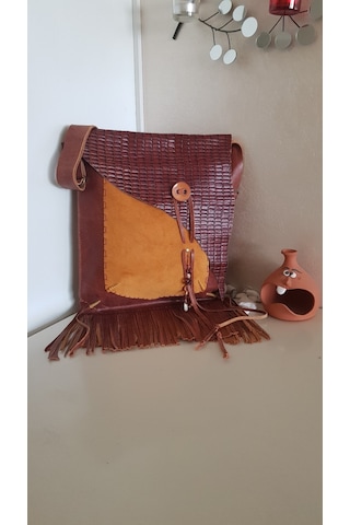 Taba Ve Camel Hakiki Deri El Yapımı Püsküllü Çanta Açık Vizon - Taba