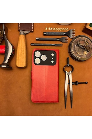Bideri Patara Apple Uyumlu iPhone 17 Pro Hakiki Deri Cüzdan Kılıf Kırmızı