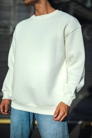 Modi Kışlık Bisiklet Yaka Üç İplik Basic Sweatshirt - Beyaz Açık Kahverengi - Beyaz