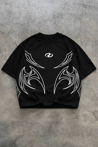 Yolo Street Oversize Siyah Beyaz Erkek Tişört Beyaz Tribal Baskılı %100 Pamuk Modern Streetwear Siyah111