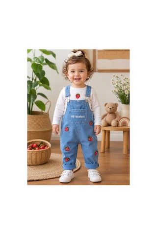 Baby Buu Çilek Nakışlı Denim Kotlu Mevsimlik 2'li Kız Bebek Salopet Tulum Takımı 6-9ay, 9-12ay, 12-18ay, 18-24ay Beyaz Beyaz