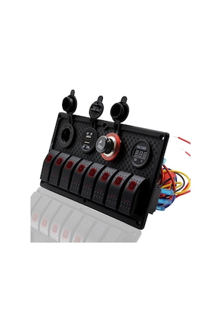 Bfy Switch Panel 8'Li +Usb+Plastik Çakmaklık+ Çakmak+ Voltmetre Kırmızı