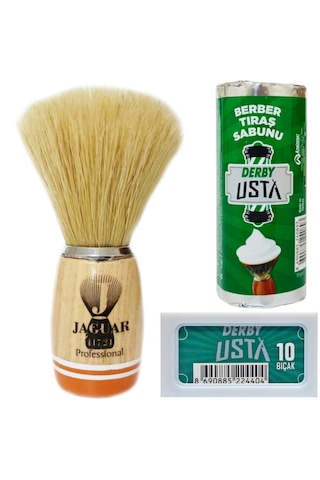 Jaguar 117/24 Ahşap Sap Doğal Kıl Tıraş Fırçası, Traş Sabunu Seti
