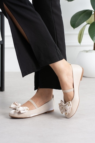 Shoetek Lowsi Kadın Babet Önden Bantlı Fiyonklu Bej Saten