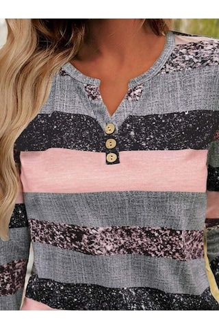 Tua Moda Kadın Uzun Kollu Yakadan Düğmeli Çizgili Desenli Süprem Bluz Pembe