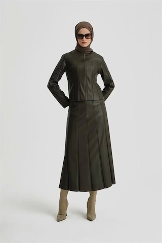 Armine Trok Biyeli Deri Ceket 24k5716 Haki Haki