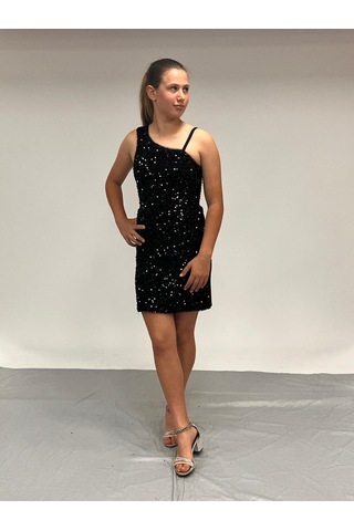 Kız Çocuk Abiye Siyah Tek Omuz Asimetsik Kesim Pul Payet İşlemeli Tül Kol Detaylı 10-15 Yaş Siyah