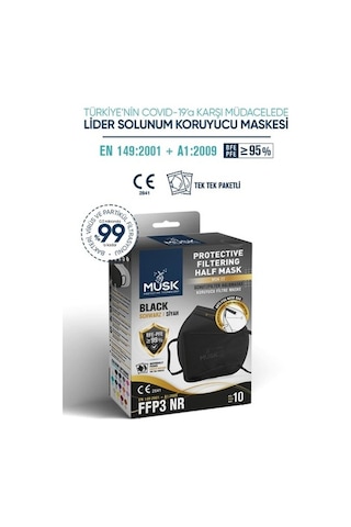 Musk Ffp3 Maske N99 Siyah Renk 10 Adet