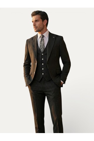 Hermose Sartorial Onyx Siyah Çizgili Yelekli Takım Elbise