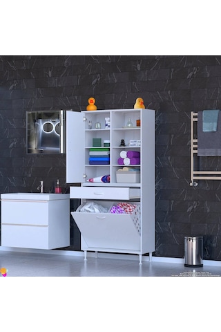 Modilayn Afra 70x173x32,5cm 1 Çekmece, 2 Göz Sepet, 1 Kapak, 8 Raf Dar Alan Banyo Dolabı Beyaz