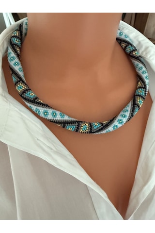Chichibeads Bohem Rüzgarı El Yapımı Boncuk Kolye Beyaz - Mavi
