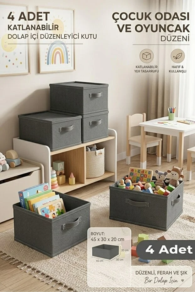 Ultra 4 Adet Katlanabilir Dolap İçi Düzenleyici Kutu 45x30x20 Cm Kıyafet Ve Giysi Organizer Saklama Kutusu Açık gri