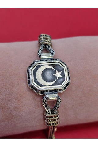 Modagümüşevi 925 Ayar Gümüş Ay Yıldızlı El Yapımı Hasır Bileklik, Ayyıldızlı Erkek Bileklik