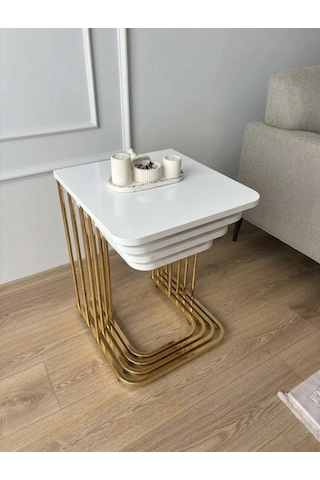4 Lü Tekerlekli Zigon Sehpa Gold Beyaz