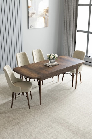 Zümra Serisi, Barok Ahşap Desen 80x132 Açılabilir Mdf Mutfak Masası Takımı 4 Adet Sandalye, Krem