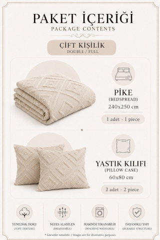Gri 3 Parça Çift Kişilik Bohem Pike Takımı Mevsimlik 240x250 Yatak Örtüsü Seti Zetian