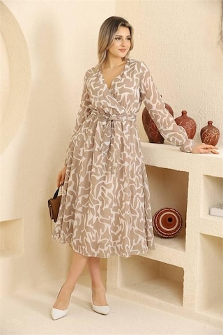 Dip Moda Kadın Midi Boy Desenli Şifon Elbise Dprssn32 BEJ