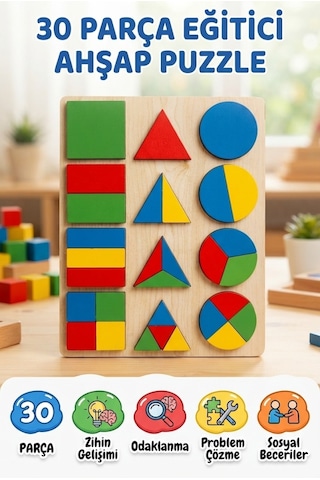 Renkli Şekiller 30 Parça Ahşap Eğitici Zeka Geliştirici Geometrik Şekiller Puzzle