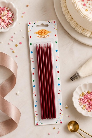 Kırmızı Metalik Uzun Pasta Mumu 20 Cm Çok Renkli
