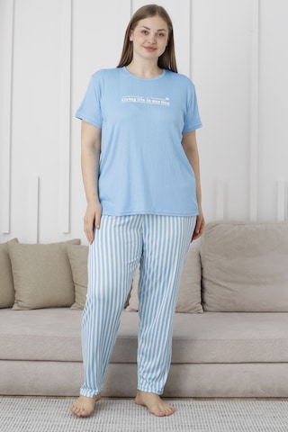 Wordex Mirano 3503 Çizgili Pijamalı Kısa Kollu Büyük Beden Pegasus Kumaş Kadın Pijama Takımı Mavi