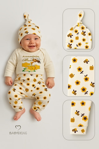 Babyden's Annesinin Balı 3 Lü Yenidoğan Takım %100 Pamuk Uzun Kol Body,pantolon,bere Unisex Ekru